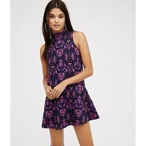Free People Amelia Mock‎ Neck Mini Dress Size Medium Purple Pink Ikat Sleeveless